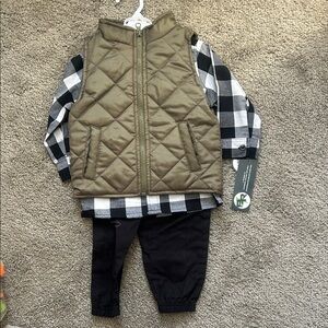 Plaid Shirt with Quilted Vest and Black Pants Set